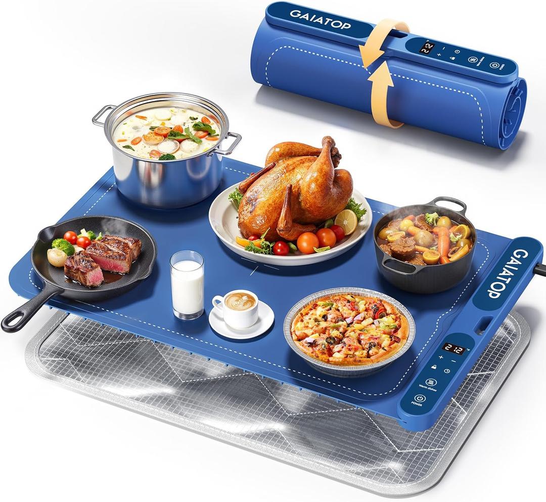 Gaiatop Food Warming Mat, Fast-Heating Silicone Electric Warming Tray with Heat Insulating Pad, 7-Level Temp 8h Timer Food Warmer Mat, Portable Heating Mat for Countertop Gatherings Party Home, Blue