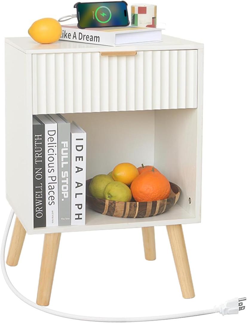 Fultyle White Nightstand with Charging Station, Mid Century Modern Bedside Table with Drawers and Outlet,Side Tables Living Room, Wooden Night Stand for Bedroom, Office (White)