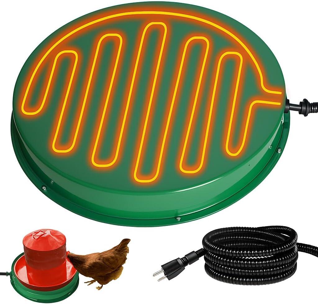 Chicken Water Heater for Winter, 125W Poultry Waterer Heated Base 31.4cm / 12.4in for Metal or Plastic Drinkers 15 Gallon, Freeze Proof Thermostat Deicer Chicken Drinker Heater (Green)