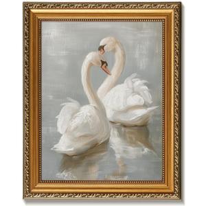 Vodefoad Vintage Gold Framed Wall Art Prints Decor Classical Swan Canvas Oil Painting Poster Pastel Watercolor Swan Vintage Art Pictures Removable Gold Frame Farmhouse Style Wall Decor for Nursery Bedroom Bathroom Office - 12x16Inch