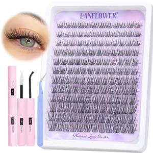 Natural Lash Clusters Kit Wispy Lash Extension Kit Waterproof Lash Clusters C Curved Cluster Eyelash Extensions Kit 144pcs Individual Lashes 10-16mm Eyelash Extension Kit by Lanflower
