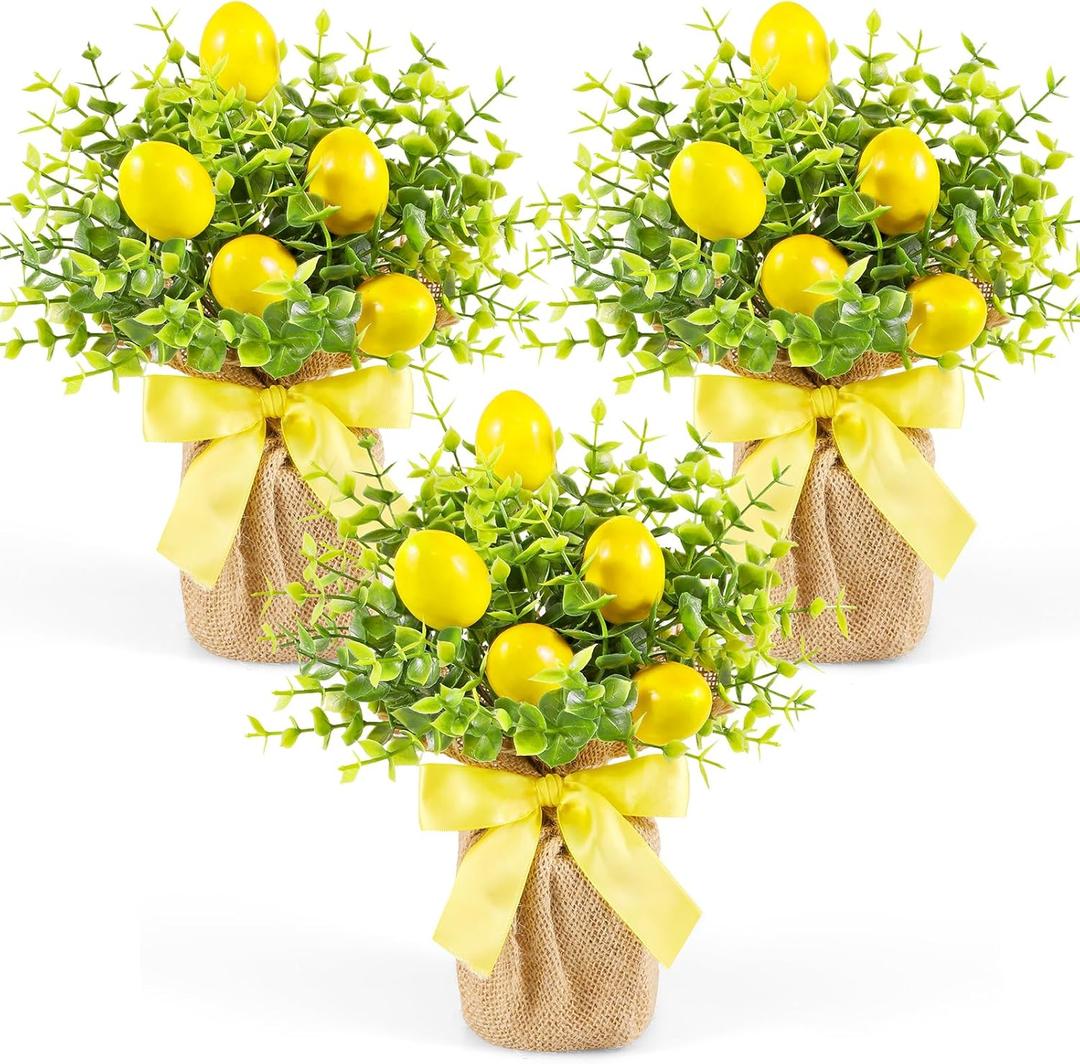 Dlerom 3 Pack Artificial Potted Lemon Flowers Plastic Faux Lemons in Small Burlap Bag Vases Fake Lemons Potted Plants for Spring Summer Home Farmhouse Office Kitchen Indoor Outdoor Table Decoration