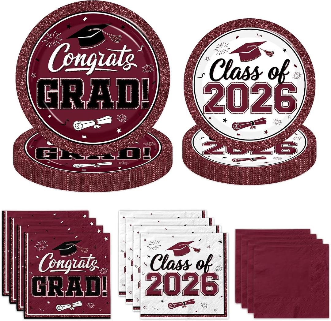 Graduation Plates and Napkins 2026, 200pcs Maroon and White Graduation Decorations Class of 2026 Grad Congrats Maroon Paper Plates and Napkins Party Supplies for Graduation Party Favors,Serve 50
