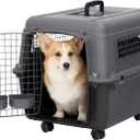 SportPet Airline Compliant MEDIUM 26.5" Travel Dog Kennel-Durable Plastic Airline Pet Carrier w/ Removable Wheels & Food Bowls, Collapsible Indoor/Outdoor Dog Kennel, Dogs up to 23"L & 15"H-Dark Gray