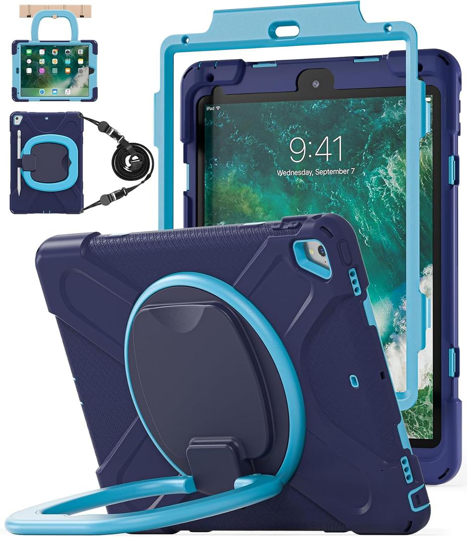 BATYUE Case for iPad 9.7 inch, 2018 iPad 6th Gen, 2017 iPad 5th Gen, iPad Air 2/ iPad Pro 9.7'',Shockproof Protective Cover with Pencil Holder &Rotating Bracket &Shoulder Strap (Navy Blue+Blue)