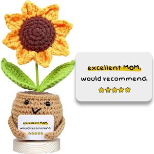 Gossby Gift for Mom from Daughter, Son, Kids - Mother's Day Basket Stuffers - Excellent MOM Would Recommend Sunflower Crochet - Christmas, Birthday Gift Idea for Mama - Knitted Crochet Doll