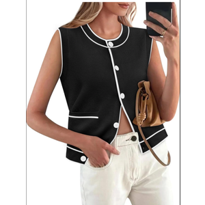 Yousify Women's Knit Tank Tops 2025 Summer Sleeveless Sweater Vest Round Neck Button Down Casual Cardigan with Pockets L