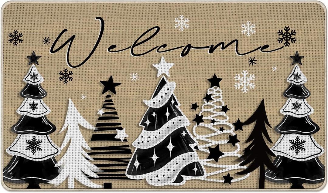 Welcome Black White Christmas Tree Decorative Front Door Mat, Xmas Holiday Doormat Indoor Outdoor Non-Slip Floor Entryway Rug, Winter Snowflake Farmhouse Home Kitchen Decoration 17x29 Inch