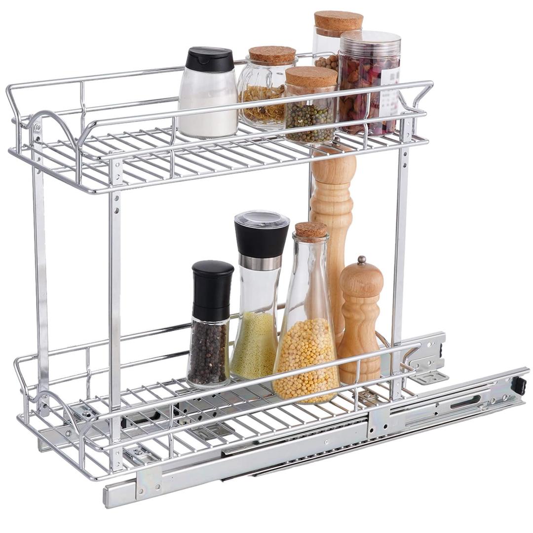 OCG Slide Out Cabinet Organizer for Narrow Cabinet (7" W X 17" D), 2 Tier Pull Out Shelves Slim Sliding Cabinet Organizer and Storage, Chrome