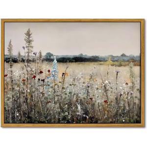 OIQArtOIQ Vintage Wildflowers Landscape Wall Art Framed Floral Natural Scenery Oil Painting Canvas Prints Country Farmhouse Decor Pictures Kitchen Bedroom Living Room Bathroom (36L" x 24W")