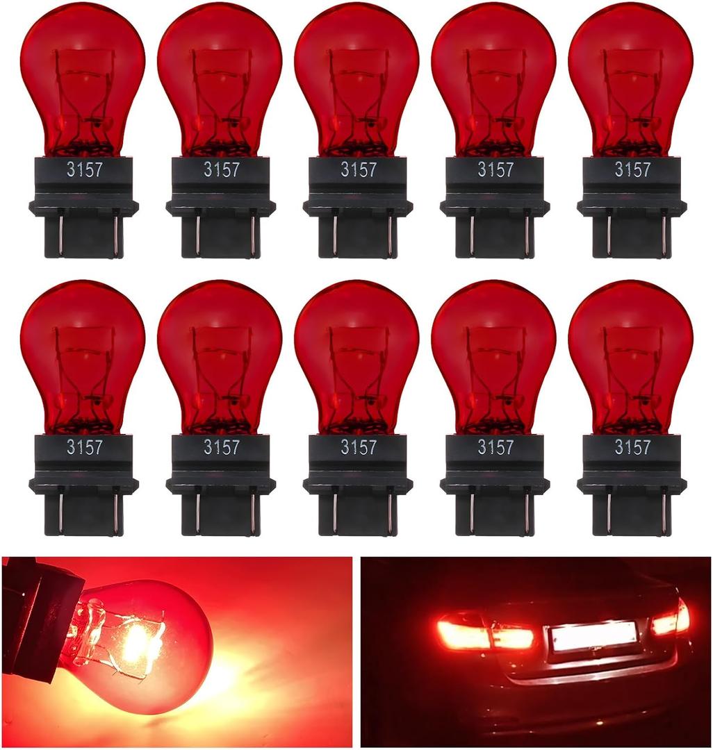 Wevdn 10PCS Car Brake Light Bulb, 3157 Waterproof Micro Quartz Glass Double Wire Light Bulb Replacement, 12V 21/5W Vehicle 360 Lighting Bright Turn Signal Instrument Light Bulbs (Red)