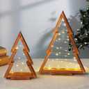 SOONOW 2 Pack Wood Tabletop Christmas Trees with Lights & Timer, Lighted Wooden Christmas Trees Decor, Farmouse Christmas Decorations Indoor for Tables, Mantle, Shelves ( Large 14.2"H & Small 10.2"H)