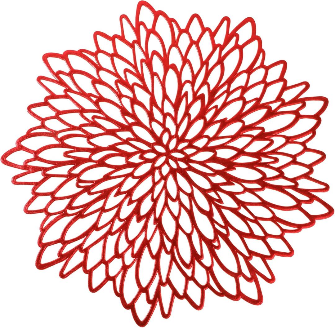 Snowkingdom 12 Pack Red Placemats Metallic Shiny Pressed Vinyl Dining Mats Round Leaf Floral Table Decoration for Halloween Mother's Day Christmas Valentine's Day Weddings Holiday Celebrations