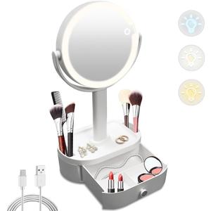 SANYCASA Makeup Mirror with Lights, Lighted Makeup Mirror with Magnification, 80 LED Vanity Mirror with Lights, 3 Color Modes & Stepless Dimming, Shatterp roof & Stable Base (16.9"L x 7.8"W, White)