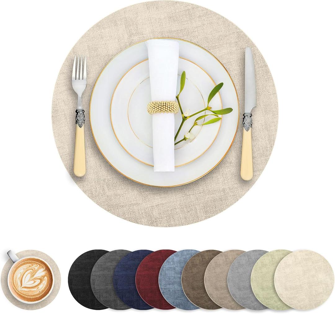 Round Faux Leather Placemats and Coasters, Set of 8, Reversible Heat Resistant Non-Slip Table Mats, Waterproof Wipeable Place Mats for Dining Table, Washable for Indoor & Outdoor (8, Beige)