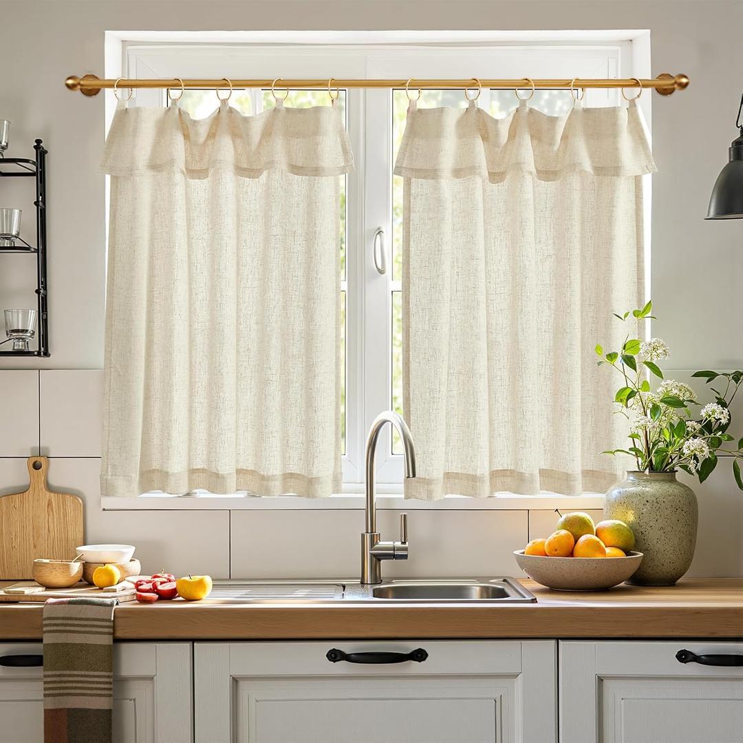 jinchan Linen Tier Curtains with Attached Valance for Kitchen Windows 36 Inch Length Farmhouse Cafe Curtains for Small Windows Light Filtering Rustic Short Drapes for Bathroom Laundry 2 Panels Beige (Rod Pocket Crude)