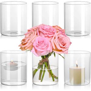 Glass Cylinder Vase Set of 6 for Centerpieces, 5 Inch Short Clear Flower Vases Bulk, Glass Hurricane Candle Holder for Table, Floating Candle Vases for Wedding Home Decor