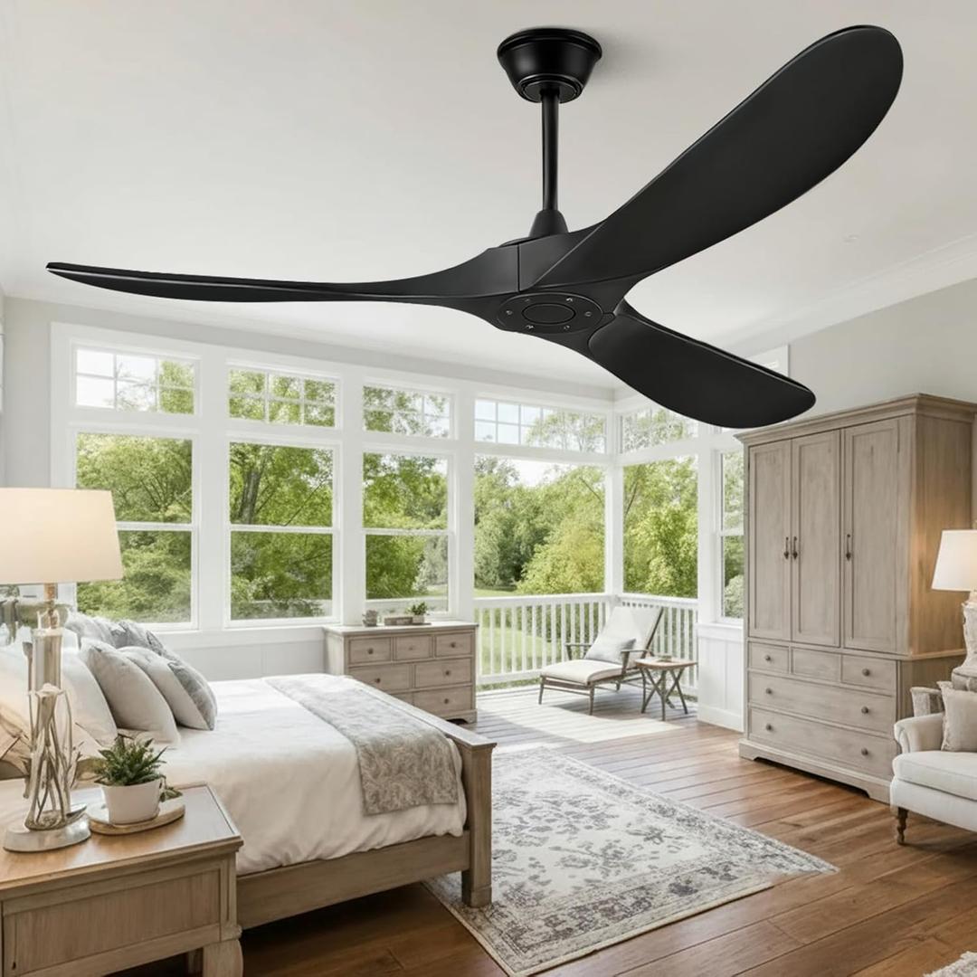 52" Ceiling Fans Without Lights, Solid Wood Ceiling Fan with Remote Control and DC Motor, Ceiling Fan no Light with 3 Blades, Indoor Outdoor Ceiling Fans for Patios, Bedroom- Matte Black