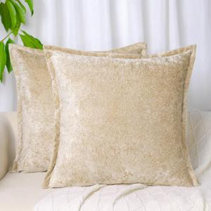 Pack of 2, Beige Velvet Throw Pillow Covers 18x18 Inch Decorative Pillowcase Chenille Boho Farmhouse Cushion Covers Soft Texture Couch Cushion Case for Couch Sofa Bedroom Living Room