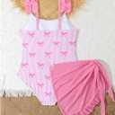GORGLITTER Girl's Cute Bow Swimsuit Striped Ruffle One Piece Kids Bathing Suit with Beach Cover Up Skirt