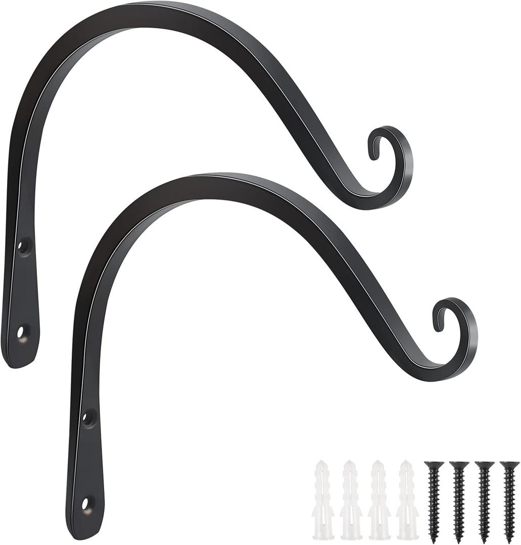 FEED GARDEN 2 Pack 8 Inch Hanging Plant Bracket Wall Hooks Decorative Plant Hangers for Outdoor Hanging Bird Feeders, Wind Chimes, Plant Baskets, Black