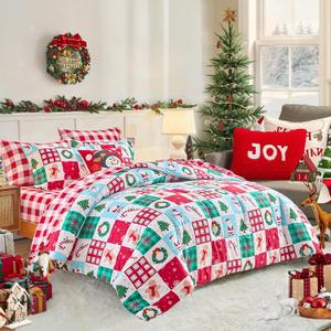 Joyreap 6 Piece Bed in a Bag Twin, Christmas Patchwork Colorful Grid Xmas Design Comforter Sheet Set, All Season Microfiber Holiday Theme Bedding Comforter Set