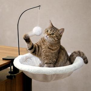 Cat Desk Bed for Home Office  Plush Clamp-On Cat Hammock with Hanging Feather and Ball Toy, Non-Slip Heavy-Duty Mount, Space-Saving Desk Mounted Cat Bed for Remote Workers Supports 40 lbs (Beige)