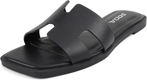 Soda Knit ~ Women Square Toe H-Band Flat Slide Sandals Black Size 8