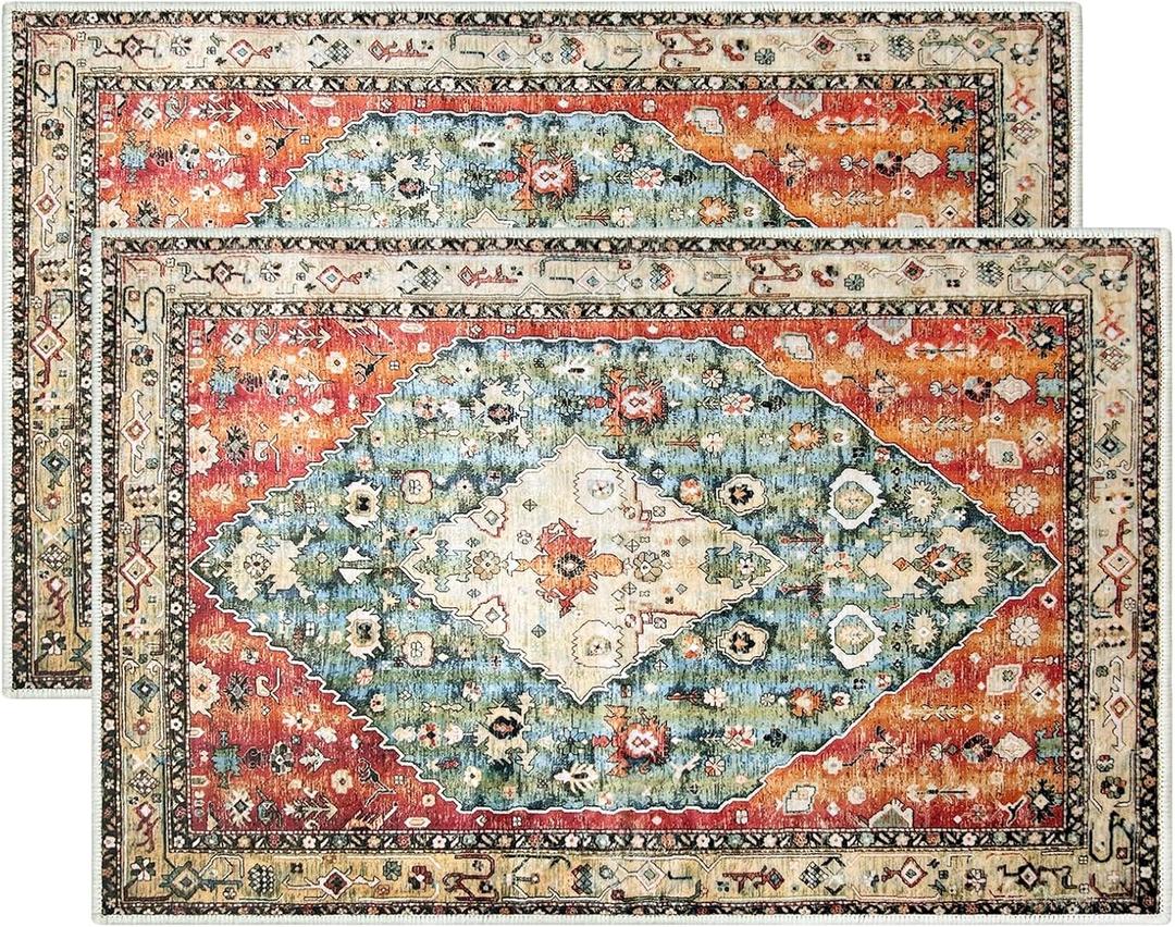 2 Pcs Washable Indoor Doormat 18" x 30" Non Slip Retro Floor Mat Area Rug Absorbent Entrance Rug Distressed, Accent Throw Rug for Bedroom Kitchen Entryway Bathroom (Tribal)