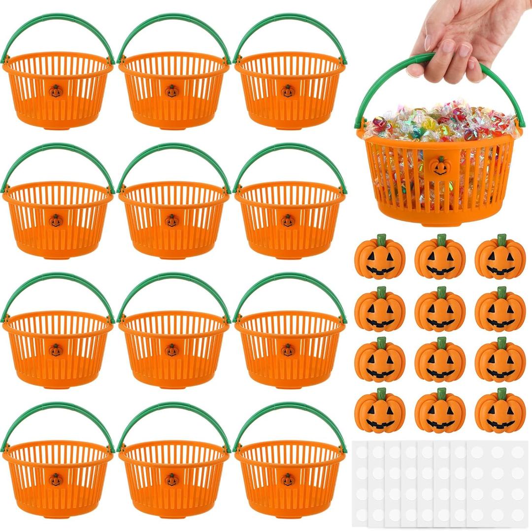 12 Pcs Halloween Pumpkin Baskets Bulk Trick or Treat Candy Buckets Plastic Devil Smile Candy Basket with Handle Pumpkin Resin Charms Jack O Lantern for Halloween Party Favors Decorations Gift