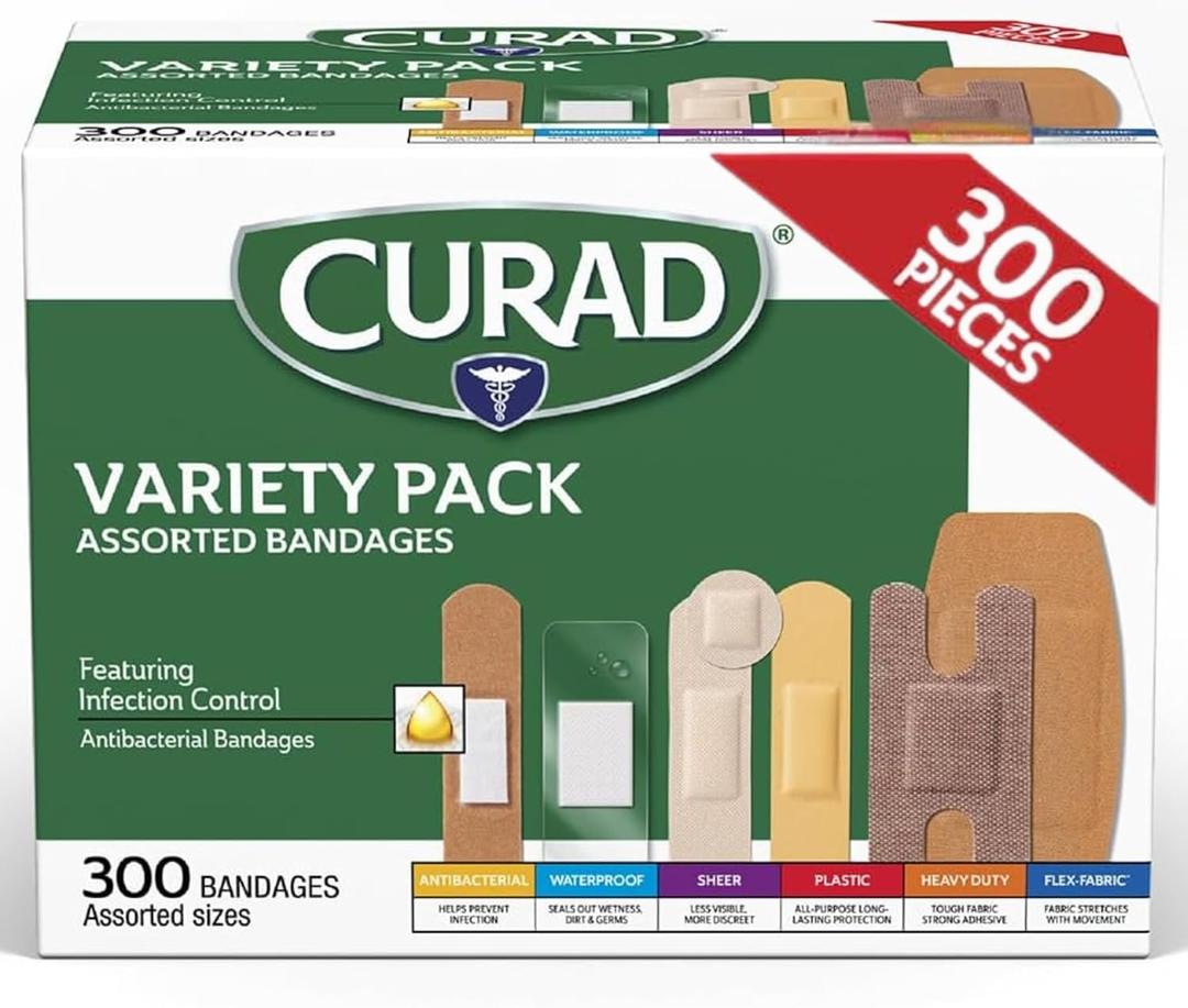 CURAD Assorted Bandages Variety Pack, 300 Count, 6 Styles Including Antibacterial Waterproof, Sheer, Plastic, Heavy Duty & Flex-Fabric, Protects Scrapes, Cuts & Burns, Latex-Free