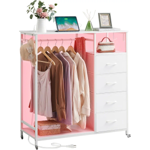 Somdot White Dresser for Bedroom with Hanging Rack LED Lights and Charging Station, 4 Drawers Dresser with Clothes Rack, Tall Storage Chest of Drawers for Closet Hallway Living Room Nursery