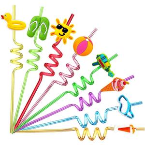 24Pcs Beach Drinking Straws Beach Ball Pool Summer Birthday Party Supplies Decorations with 2Pcs Cleaning Brushes