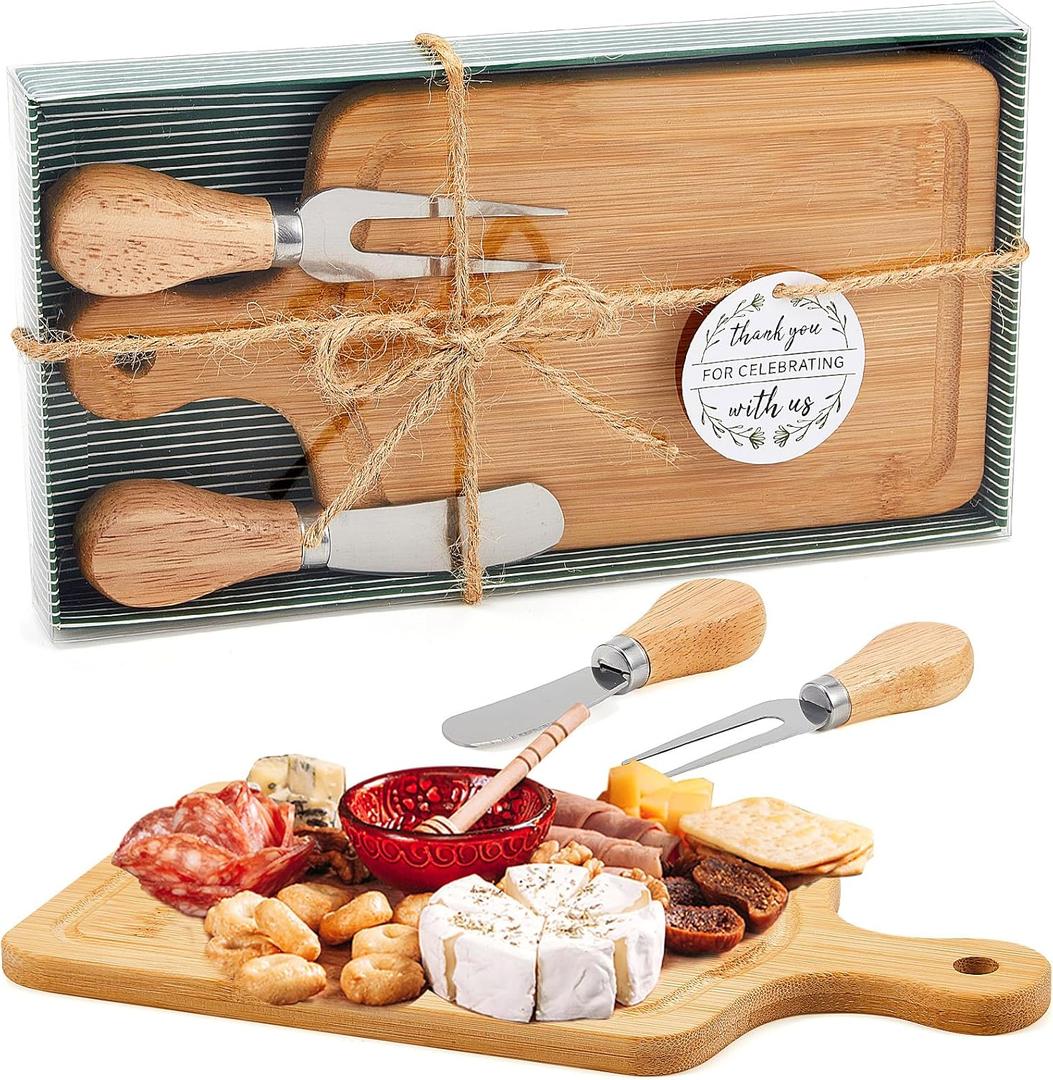 1 Set Bridal Baby Shower Cheese Prizes Wooden Square Board Gift Set Knives Forks Thank You Tags with Box for Guests for Valentines Bridal Baby Shower Housewarming Gifts (Bamboo Color)