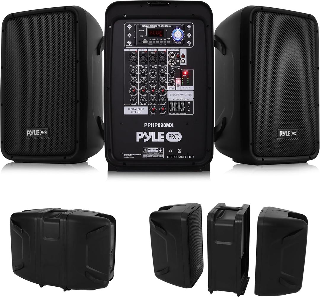 Pyle Portable Bluetooth PA Speaker System - 600 Watt 8-Channel Amplifier Kit with 8" Subwoofer and 1" Horn Tweeter - Wireless, MP3, AUX, USB, XLR, RCA Inputs (Black)