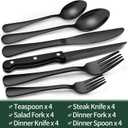 EWFEN 24-Piece Black Silverware Set with Steak Knives, Black Flatware Set for 4, Food-Grade Stainless Steel Tableware Cutlery Set, Mirror Finished Utensil Sets for Home Restaurant, Round Edge