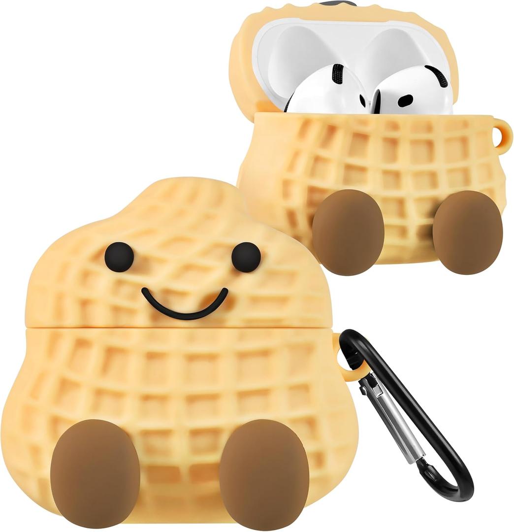 Boaretiu for Airpods 4 Case 2024 Cute Cartoon Kawaii - Funny 3D Soft Silicone Peanut Design Cover with Carabiner Stylish for Boys Girls Teens Women for Air pods 4