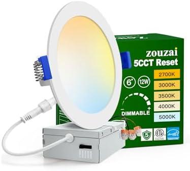 zouzai 1 Pack 6 Inch 5CCT Ultra-Thin LED Recessed Ceiling Light with Junction Box, 2700K/3000K/3500K/4000K/5000K Selectable, 12W Eqv 110W,Dimmable, led can Lights- ETL and Energy Star Certified