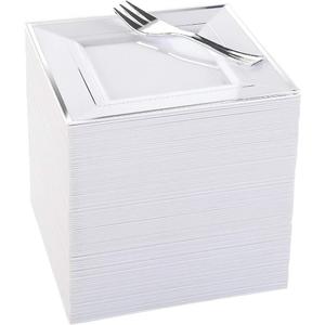 WDF Silver Plastic Dessert Plates with Plastic Forks - 6 100 Square Disposable Appetizer Plates Small Plates Cake Plates with Silver Rim &100 Small Appetizer Forks for Christmas Party/Wedding (White and Silver)