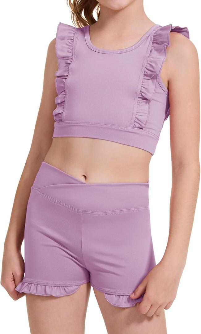 CharmWM Girls 2 Piece Outfits Athletic Ruffle V Crossover High Waisted Dance Shorts with Training Bra Crop Tank (7-8 Years, Purple)