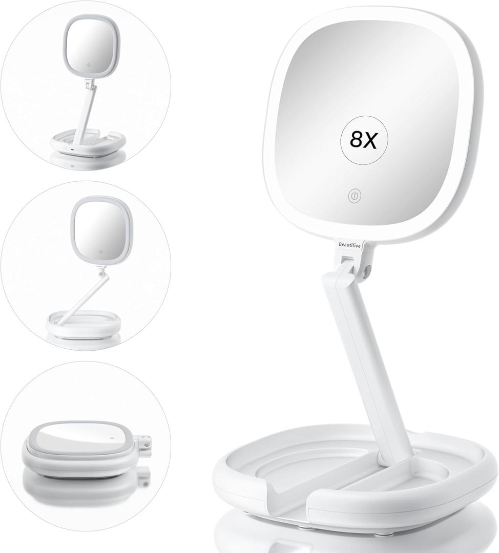 6.3" Makeup Mirror, 1X/8X Magnification, 3 Light Modes, Plug-in or Battery Operated Double-Sided Lighted Vanity Mirror, Adjustable Height Stand for Home, Women