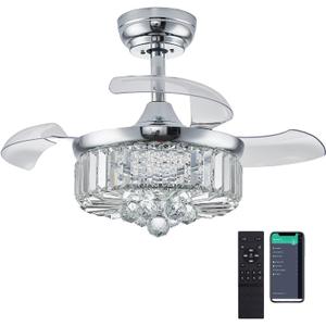 DuMaiWay 30" Chandelier Ceiling Fan with Light Crystal Modern Fandelier Reversible Ceiling Fan Dimmable Retractable Timer for Bedroom Dining Living Room Sliver Chrome (Silver)