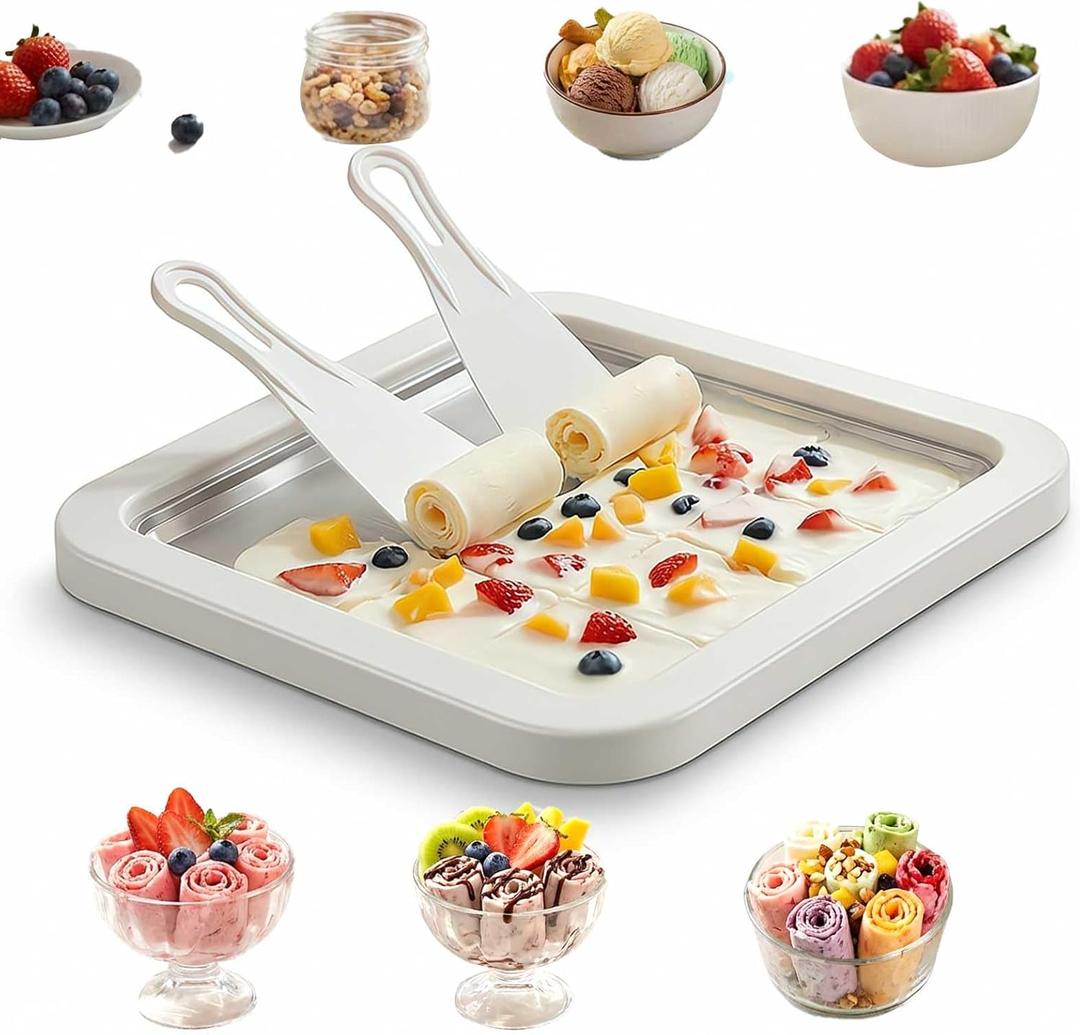 Rolled Ice Cream Maker Kit, DIY Ice Cream Roll Tray with 2 Scrapers, No Electricity Required, Stainless Steel Freezing Plate for Rolled Ice Cream, Frozen Yogurt, Sorbet (White)