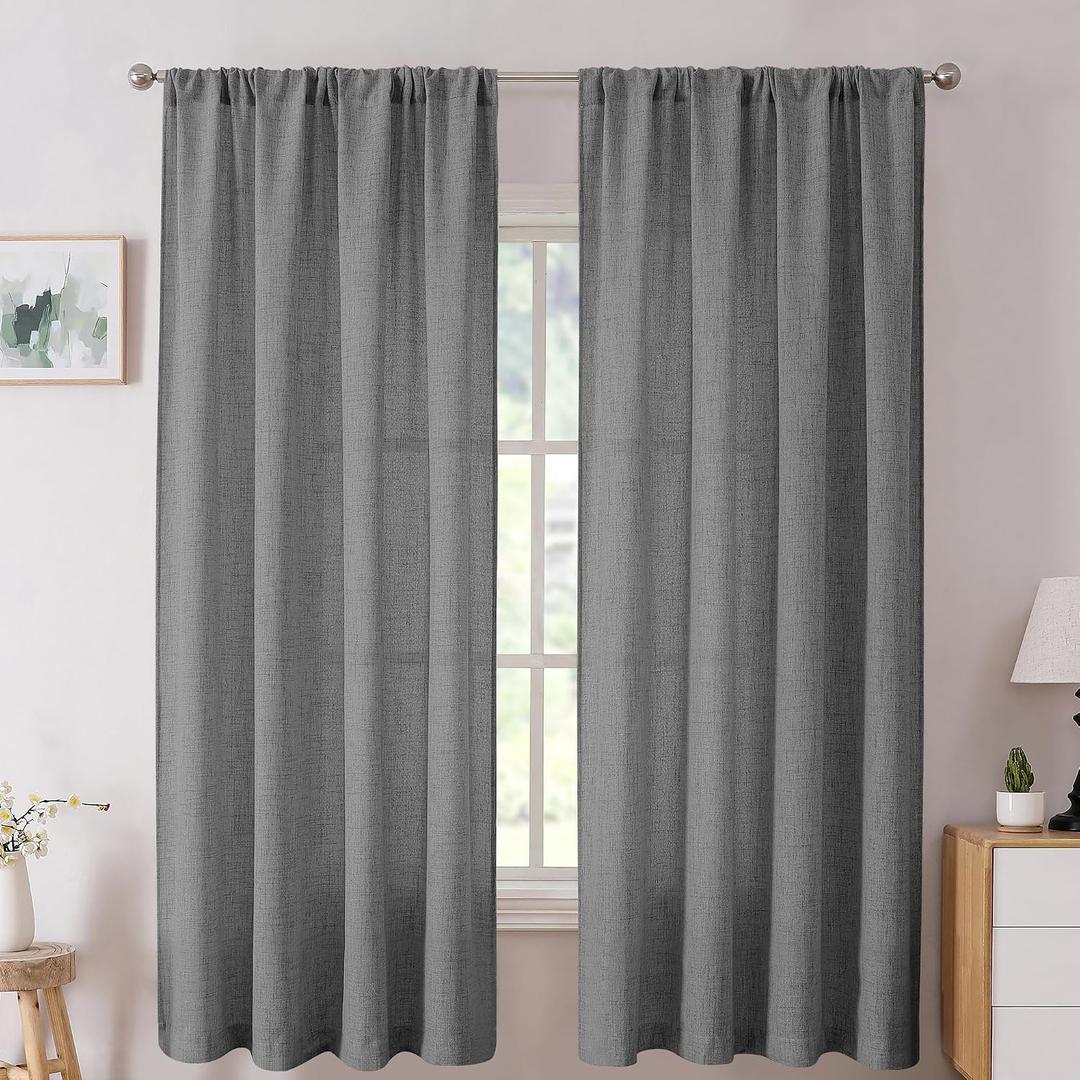 Tollpiz Short Linen Curtain Bedroom Rod Pocket Semi Sheer Curtains Burlap Light Filtering Thick Linen Drape for Living Room, 38 x 54 inches Long, Dark Grey, Set of 2 Panels