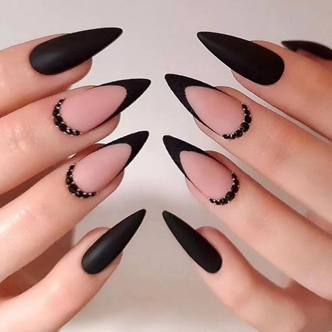IMSOHOT Medium Press on Nails Almond Matte Black Fake Nails French Tips Acrylic False Nails with Rhinestone Designs (14-0020)
