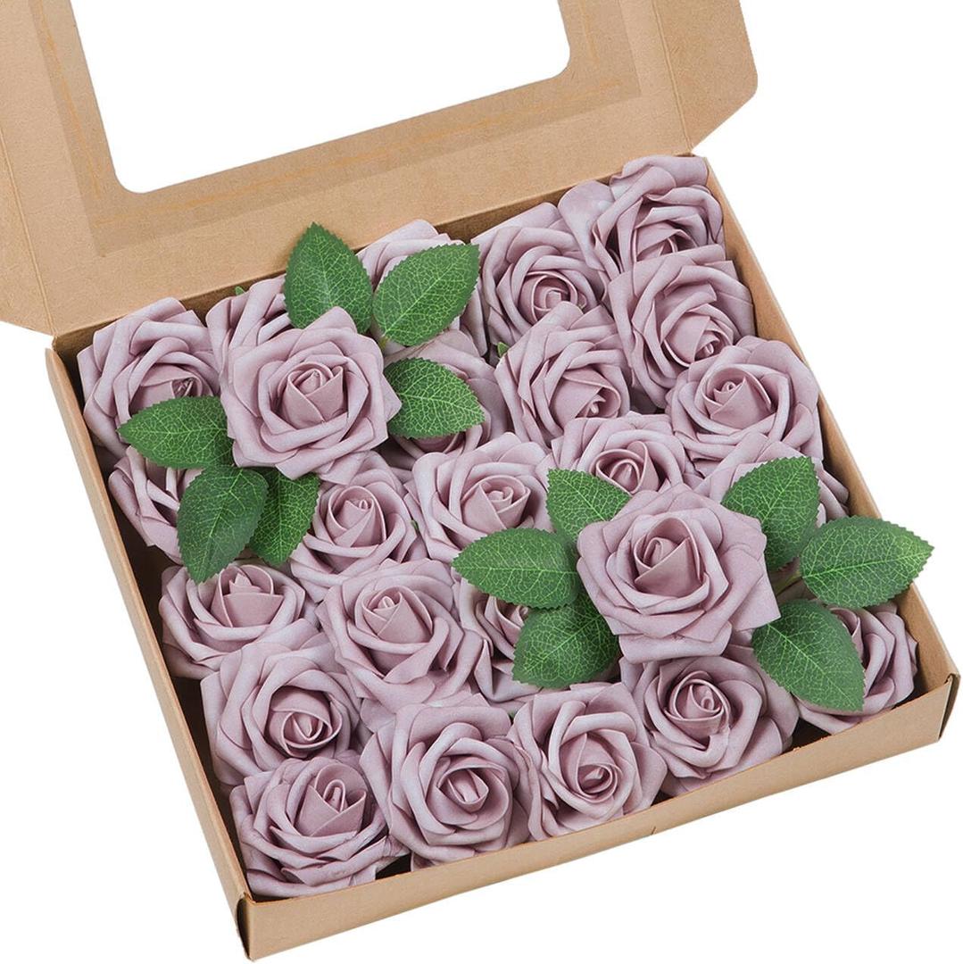 Meldel Artificial Flower 25pcs Real Touch Dusty Pink Rose Fake Foam Roses with Stems for DIY Wedding Bouquets Gifts Bridal Shower Faux Floral Centerpieces Arrangements Home Party Tables Decorations