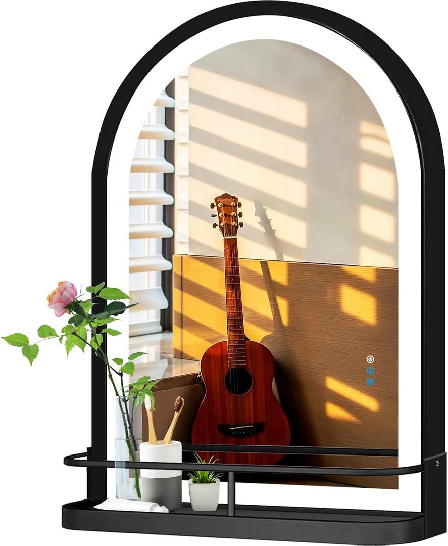 THEKLA 24 x 36 Inch Black Arched Light Vanity Mirror with Shelf Storage Arch LED Wall Mirror with Shelf Light 3 Color Dimmable Anti Fog Smart 36" Black Arched LED Bathroom Mirror with Shelf and Lights