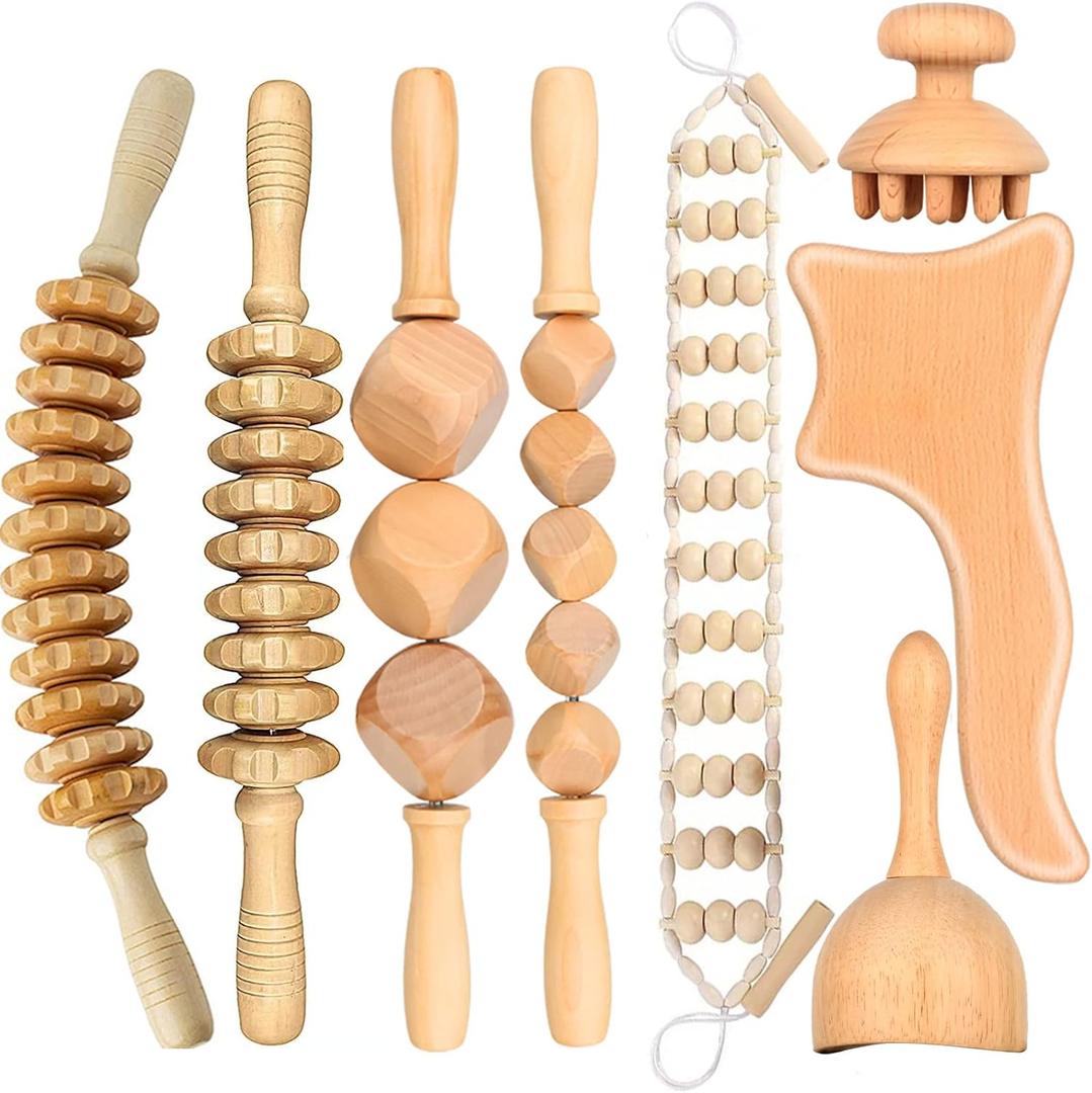 Wood Massage Therapy Tools, 8PCS Wooden Massage Roller, Muscle & Cellulite Massage, Full Body Pain Relief