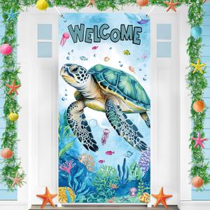 Welcome Turtle Summer Door Cover Decorations Summer Beach Door Banner Cover Ocean Nautical Porch Banner Sign Decor Tropical Sea Turtle Seasonal Outdoor Indoor Holiday Party Decorations 72 x 35 inch