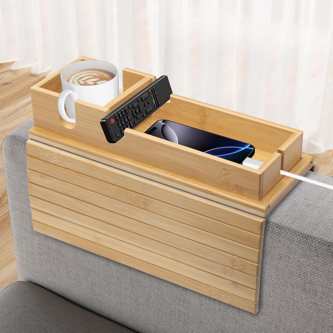 Bamboo Sofa Armrest Tray - Couch Arm Tray with Detachable Couch Cup Holder - 2 in 1 Anti-Slip Foldable Sofa Armchair Caddy Table - Cup Holder for Drinks Cellphone Snacks, Remote